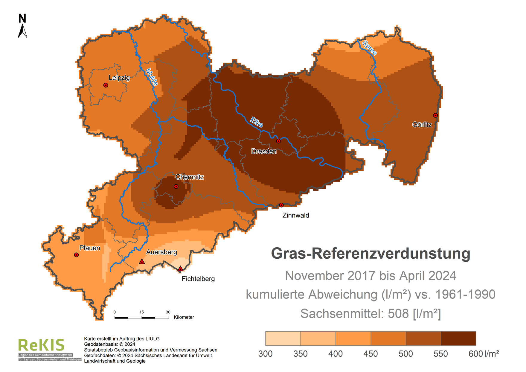 Karte Sachsen mit Darstellung der Gras-Referenzverdunstung im Vergleich zum Referenzzeitraum 1961 bis 1990