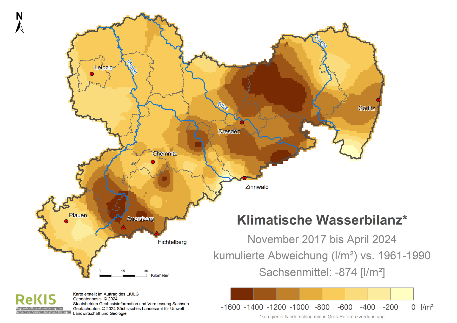 Karte Sachsen mit Darstellung der Klimatischen Wasserbilanz im Vergleich zum Referenzzeitraum 1961 bis 1990
