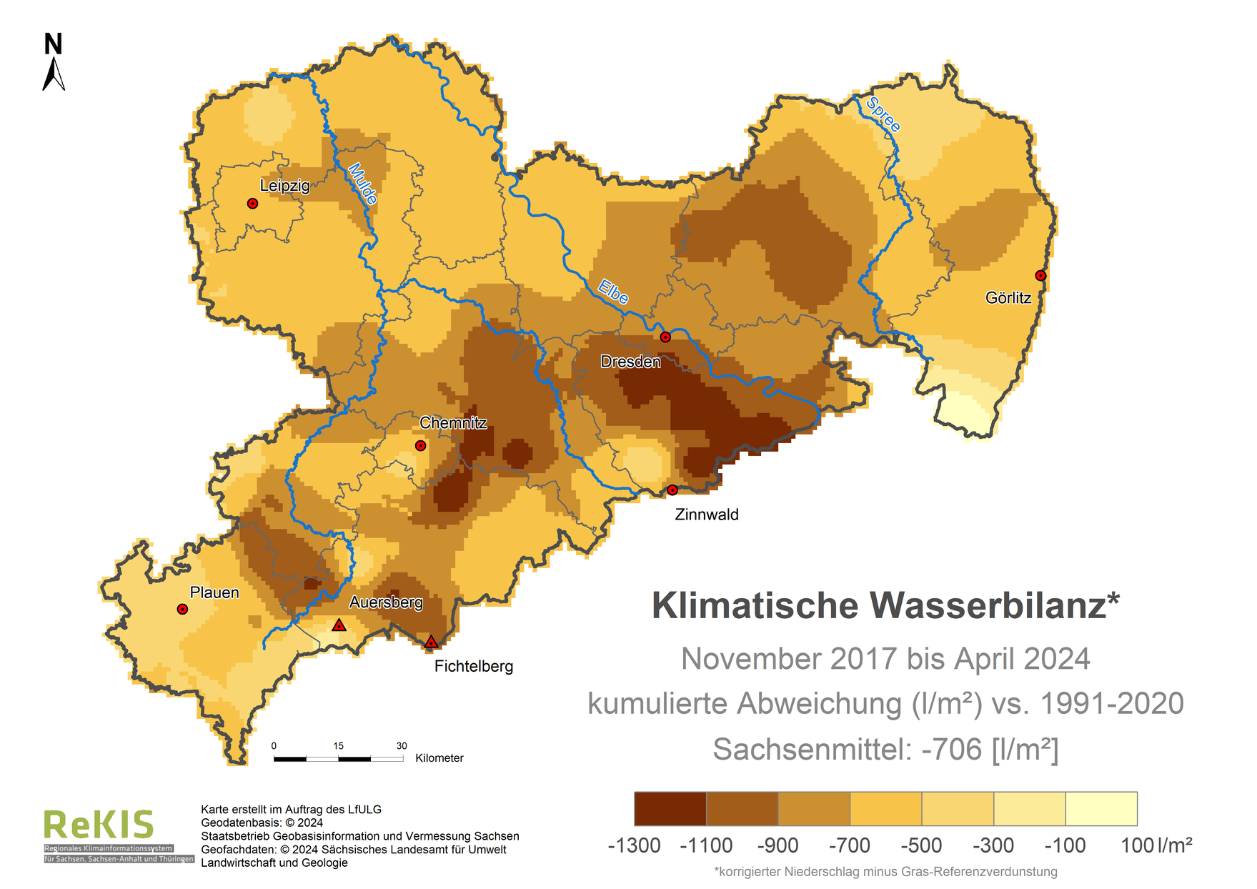 Karte Sachsen mit Darstellung der Klimatischen Wasserbilanz im Vergleich zum Referenzzeitraum 1991 bis 2020