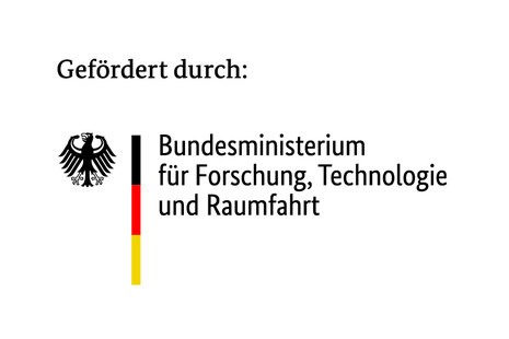 Förderhinweis: Text im Bild lautet "Gefördert durch: Bundesministerium für Forschung, Technologie und Raumfahrt" nebenstehend der deutsche Adler und ein Streifen in den Deutschlandfarben schwarz, rot, gold
