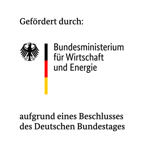 Förderhinweis mit folgendem Text "Gefördert durch: Bundesministerium für Wirtschaft und Energie aufgrund eines Beschlusses des Deutschen Bundestages" Mit links nebenstehendem Bundesadler und einem Streifen in schwar, rot und gold