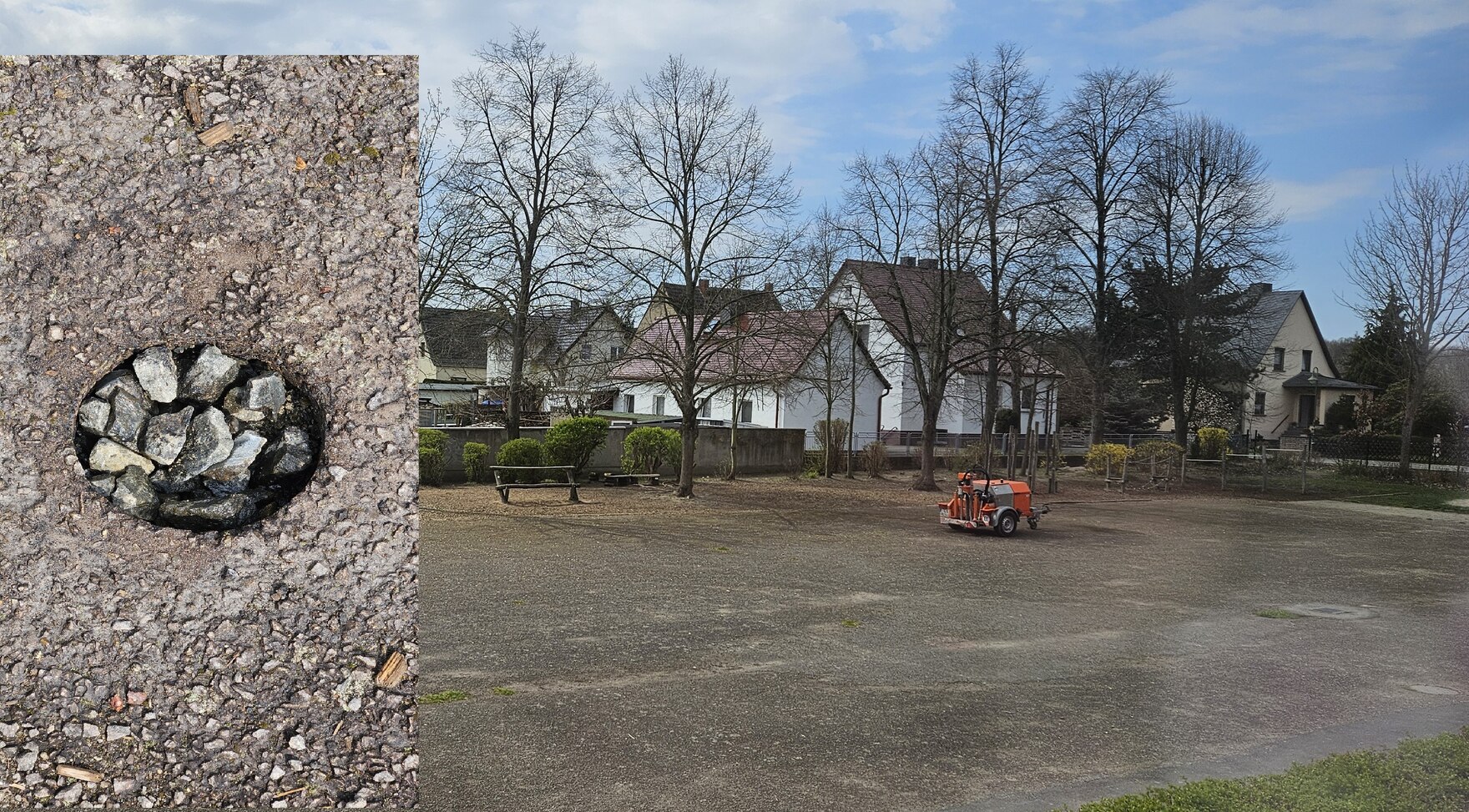 linker Bildteil: Nahaufnahme einer Bohrung im Asphalt - in einem Loch liegen Steine; rechter Bildteil: Versiegelter Schulhofplatz auf dem ein Asphaltbohrer steht - viel graubrauner Boden, mittig rotes Gerät in einiger Entfernung, dahinter Bäume ohne Blatw