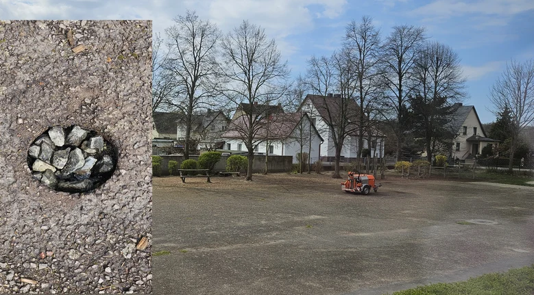 linker Bildteil: Nahaufnahme einer Bohrung im Asphalt - in einem Loch liegen Steine; rechter Bildteil: Versiegelter Schulhofplatz auf dem ein Asphaltbohrer steht - viel graubrauner Boden, mittig rotes Gerät in einiger Entfernung, dahinter Bäume ohne Blatw