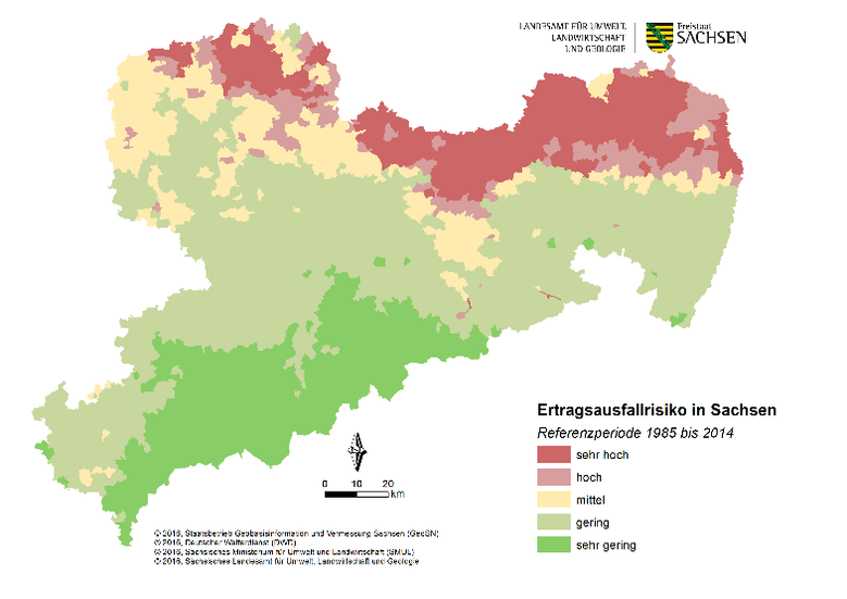Farbige Sachsenkarte mit regionalem Ertragsausfallrisiko.
