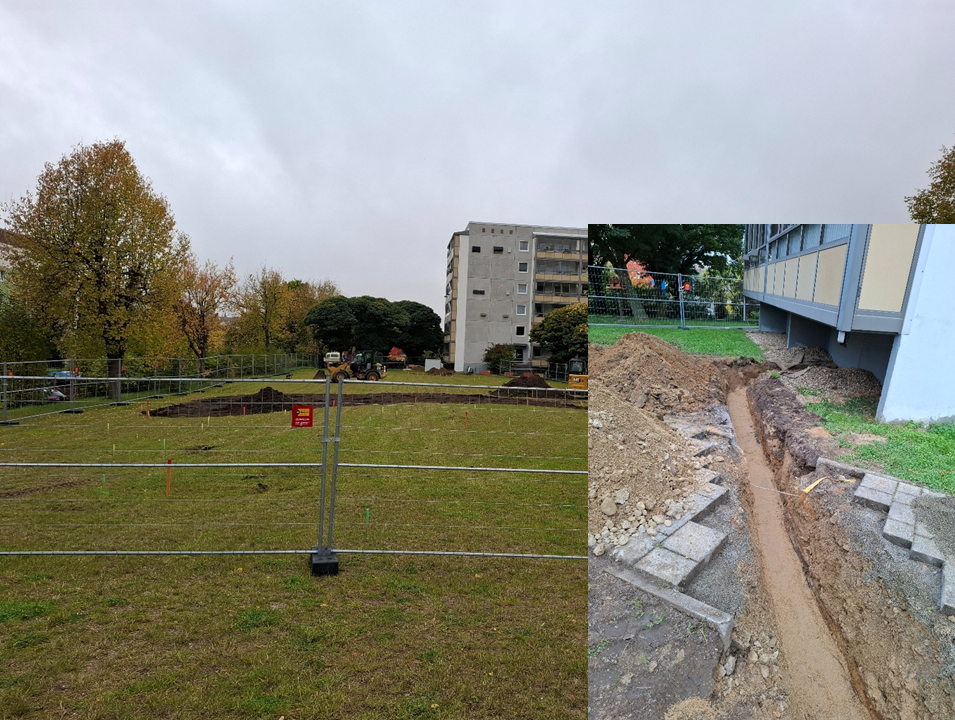 Das Hauptbild zeigt eine grüne Wiese vor einem Plattenbau. Die Wiese ist von einem Bauzaunumgeben und es wurden Erdhügel angelegt. Unten rechts ist ein zweites Bild eingefügt, welches einen neu gegrabenen Leitungsschacht an dem Plattenbau zeigt.