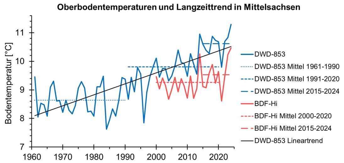 Gangliniendiagram über die Entwicklung der Bodentemperatur mit steigendem Trend.