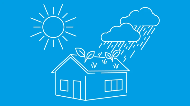 Icon: weiß auf blauem Grund zeigt ein Einfamilienhaus mit Dachbegrünung, darüber eine Wolke mit Starkregen und eine Sonne