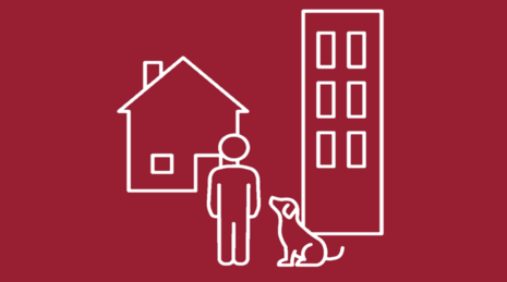 Icon mit weißen Linien auf rotem Grund zeigt im Vordergrund eine Person rechts daneben sitzt ein Hund, dahinter ein Einfamilien haus und rechts daneben ein Mehrfamilienhaus mit mehreren Stockwerken