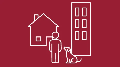 Icon mit weißen Linien auf rotem Grund zeigt im Vordergrund eine Person rechts daneben sitzt ein Hund, dahinter ein Einfamilien haus und rechts daneben ein Mehrfamilienhaus mit mehreren Stockwerken