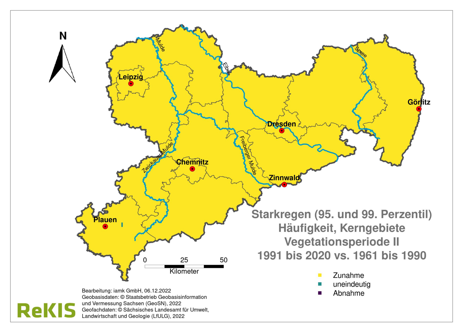 Die Karte zeigt Änderungen im Auftreten von Starkregen-Ereignissen während der Monate Juli bis September in Sachsen. Im Zeitraum 1991-2015 traten im Vergleich zu 1961-1990 fast flächendeckend mehr Starkregen-Ereignisse in der Wachstumsphase II auf.