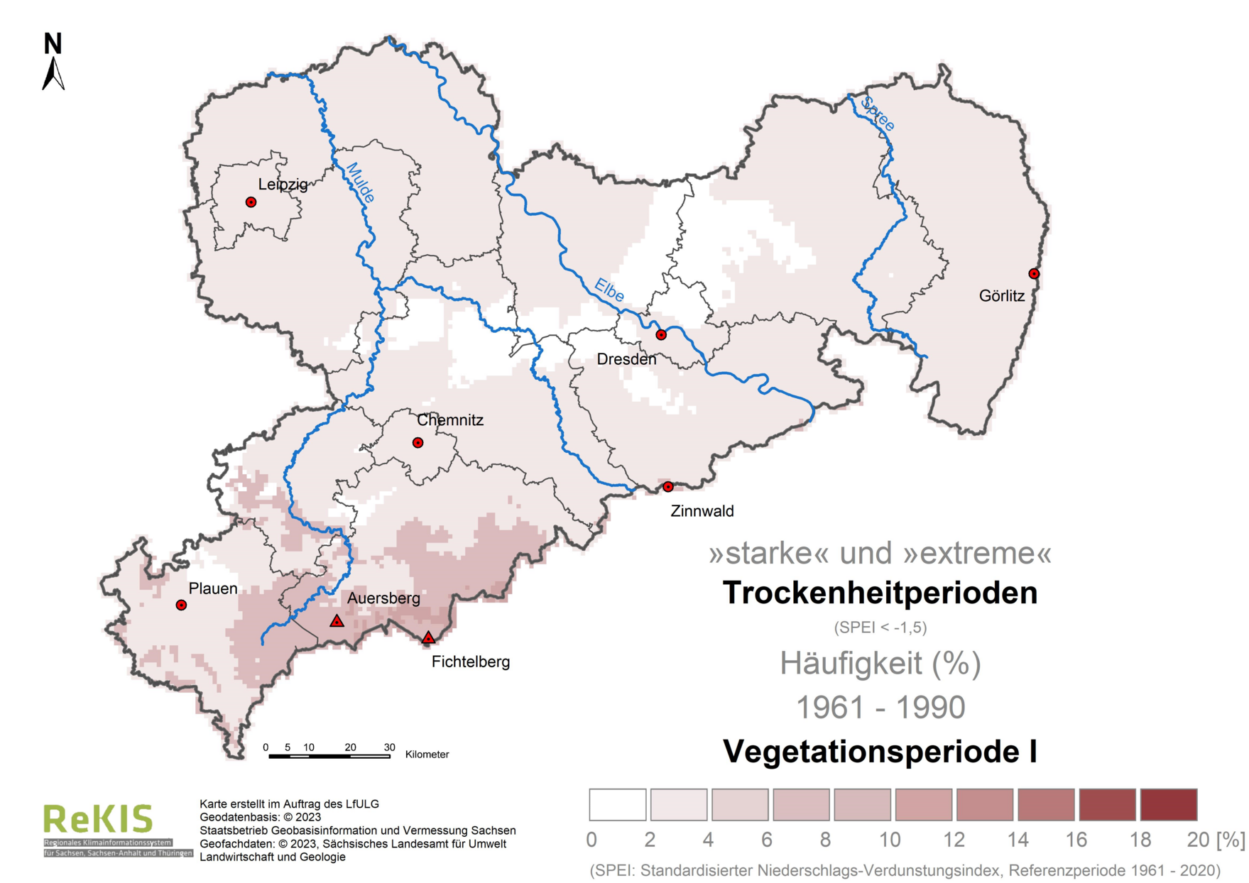 Die Karten zeigen mittels eines Index ein Trockenheitsmerkmal in Sachsen für die Zeiträume 1961-1990 und 1991-2020. Die atmosphärischen Bedingungen, die eine Ausbildung von Trockenheit begünstigen, sind 3 bis 4 mal häufiger aufgetreten.