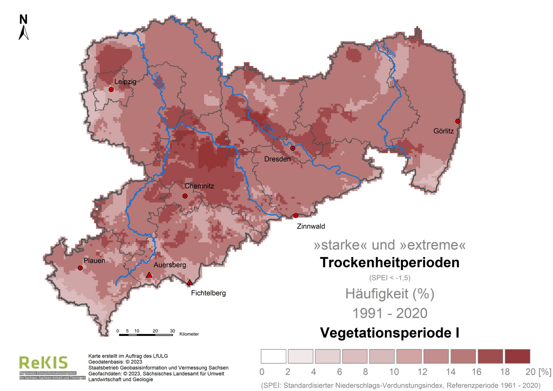 Die Karten zeigen mittels eines Index ein Trockenheitsmerkmal in Sachsen für die Zeiträume 1961-1990 und 1991-2020. Die atmosphärischen Bedingungen, die eine Ausbildung von Trockenheit begünstigen, sind 3 bis 4 mal häufiger aufgetreten.