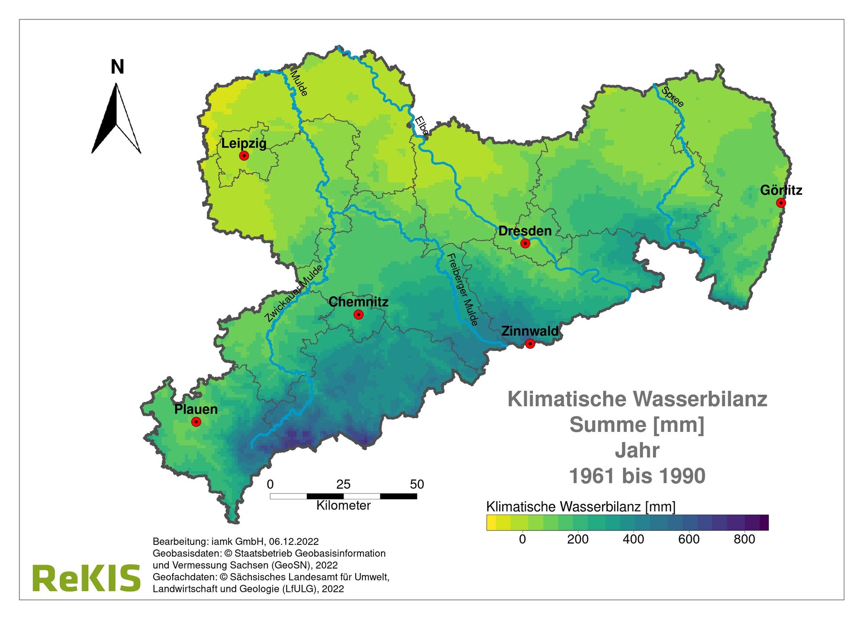 farbige Sachsenkarte zur klimatische Wasserbilanz 1961-1990