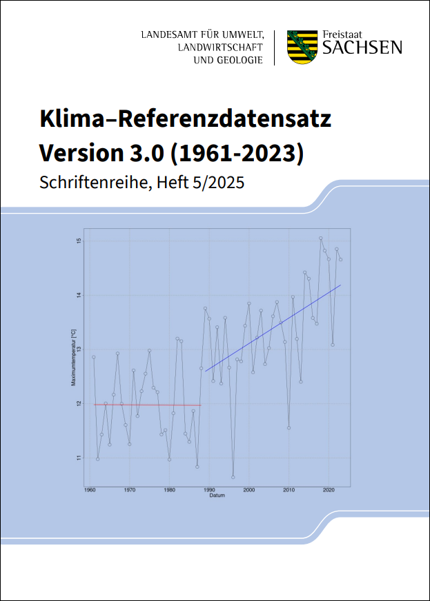 Titelbild der Publikation mit Freitstaat Sachsen-Logo oben rechts, Überschrift Klimareferenzdatensatz Version 3.0 (1961-2023) - Schriftenreihe Heft3/2025; Bild zeigt beispielhaft ein Diagramm mit der Maximaltemperatur über die Jahre auf hellblauem Grund.