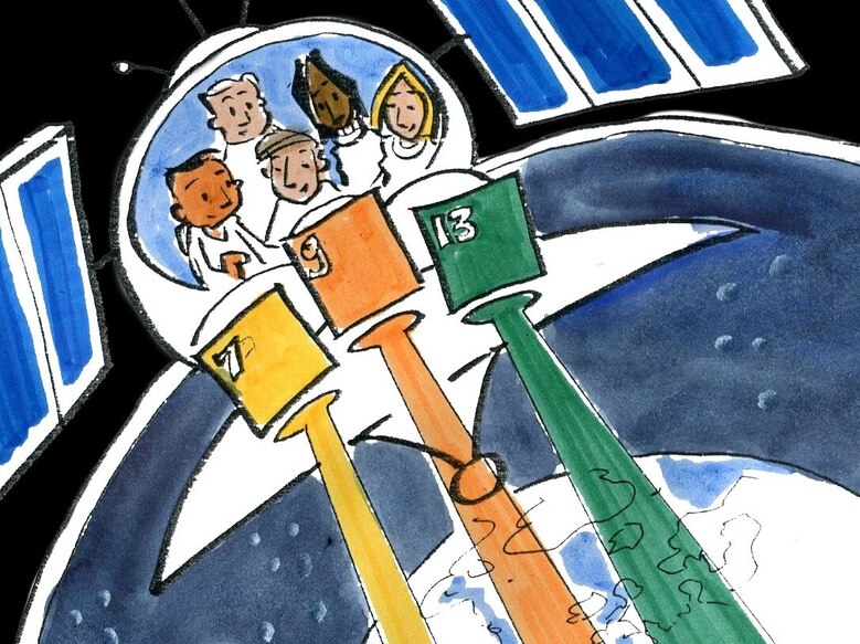 Grafik Kinder blicken von einem Satelliten auf die Erde