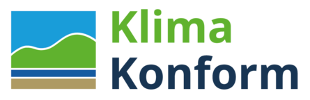 Logo KlimaKonform: symbolische Farben für Himmel, Pflanzliches, Wasser und Boden