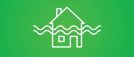 Piktogramm: weiße Linien auf hellgrünem Hintergrund zeigen ein einfaches Haus mit Spitzdach, Tür und Fenster, über die Mitte des Hauses verläuft eine verlaufen zwei Wellenlinien. Hochwasser wird angedeutet.