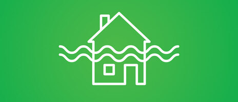 Piktogramm: weiße Linien auf hellgrünem Hintergrund zeigen ein einfaches Haus mit Spitzdach, Tür und Fenster, über die Mitte des Hauses verläuft eine verlaufen zwei Wellenlinien. Hochwasser wird angedeutet.