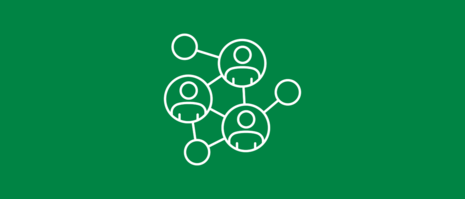 Weißes Piktogramm auf grünem Hintergrund zeigt sechs Kreise die zum Teil durch Linien miteinander verbunden sind. In drei Kreisen sind Personen angedeutet.
