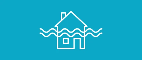 Piktogramm deutet ein einfaches Haus mit Spitzdach, Tür und Fenster an. Über die Mitte verlaufen horizontal zwei Wellenlinien und deuten damit Hochwasser an.