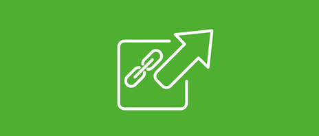 Weißes Piktogramm auf hellgrünem Hintergrund zeigt eine Box mit mit zwei Ketten daran als Symbol für einen Internetlink und einen Pfeil der aus der Box nach rechts oben zeigt.