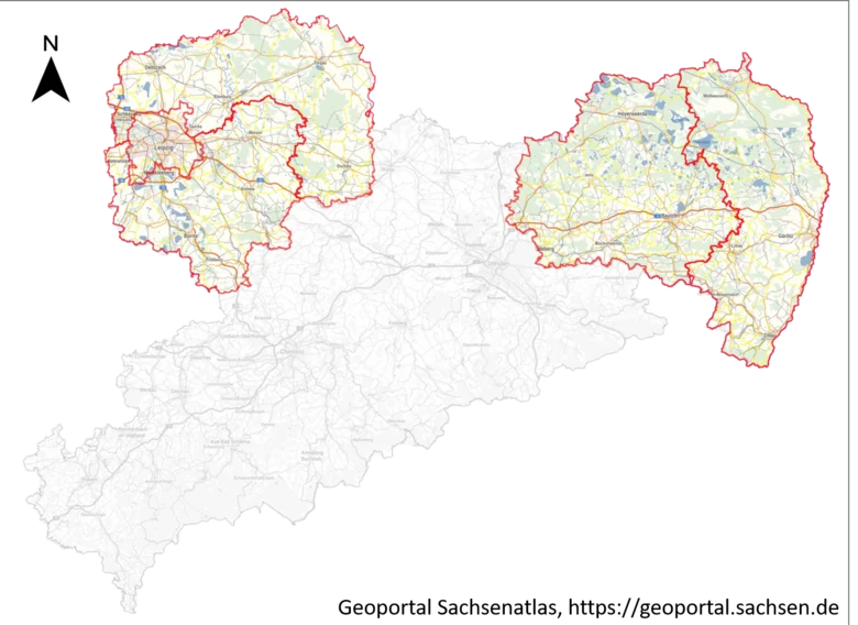 Karte des Frfeistaates Sachsen: Im Osten sind die beiden Landkreise Bautzen und Görlitz sowie im Nordwesten die Landkreise Nordsachsen, Leipzig und die Stadt Leipzig hervorgehoben. Restliche Sachsenkarte ausgegraut.