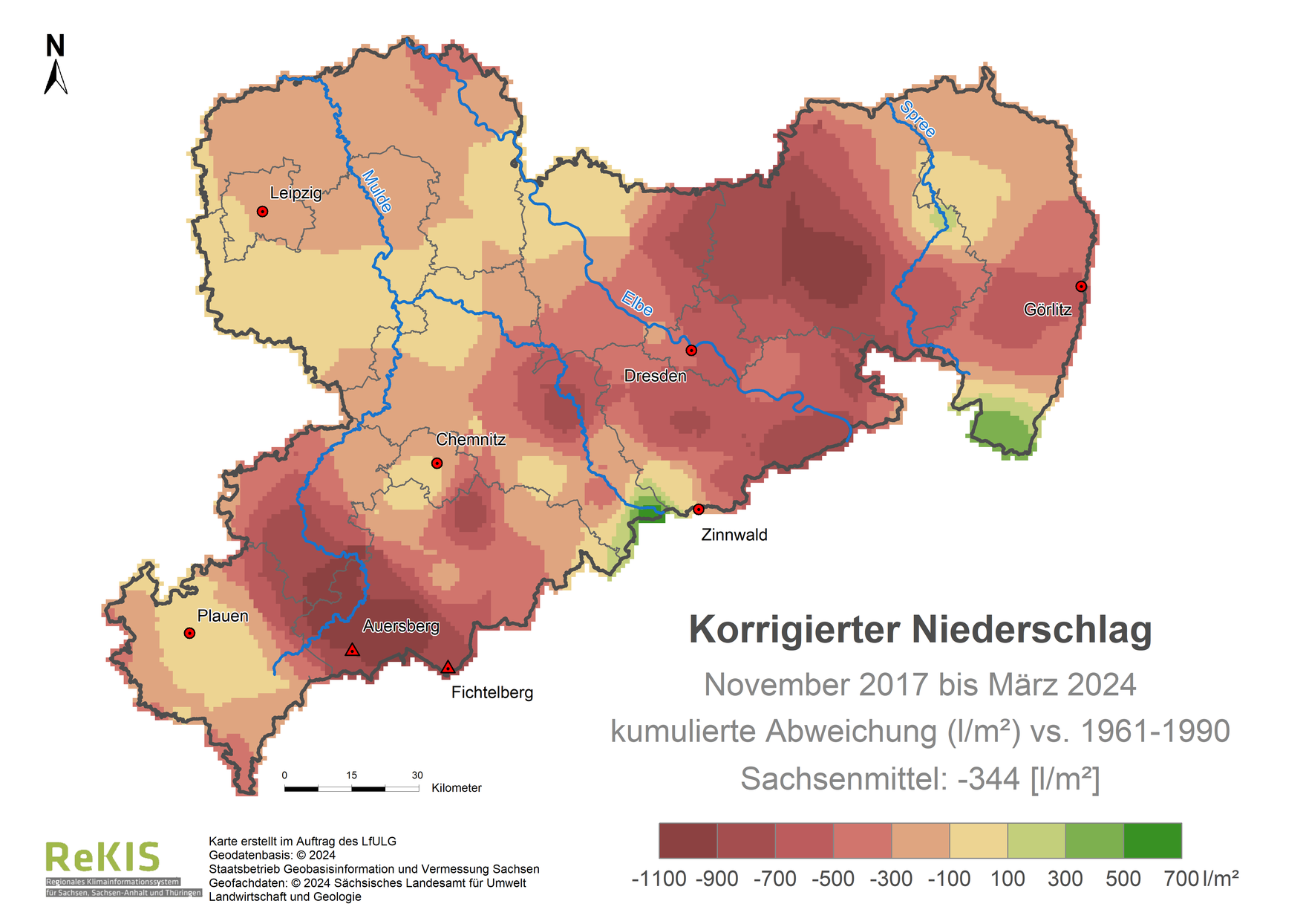Karte Sachsen mit Darstellung des Niederschlagsdefizits im Vergleich zum Referenzzeitraum 1961 bis 1990