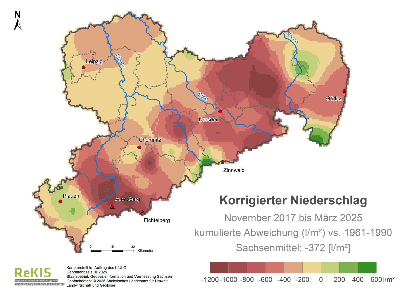 Karte Sachsen mit Darstellung des Niederschlagsdefizits im Vergleich zum Referenzzeitraum 1961 bis 1990