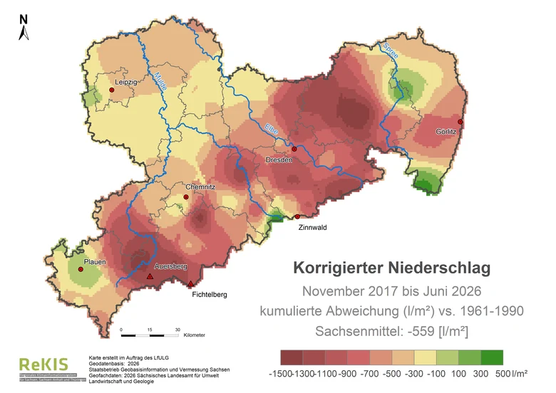 farbige Sachsenkarte zum aktuellen korrigierten Niederschlag vs 1961-1990