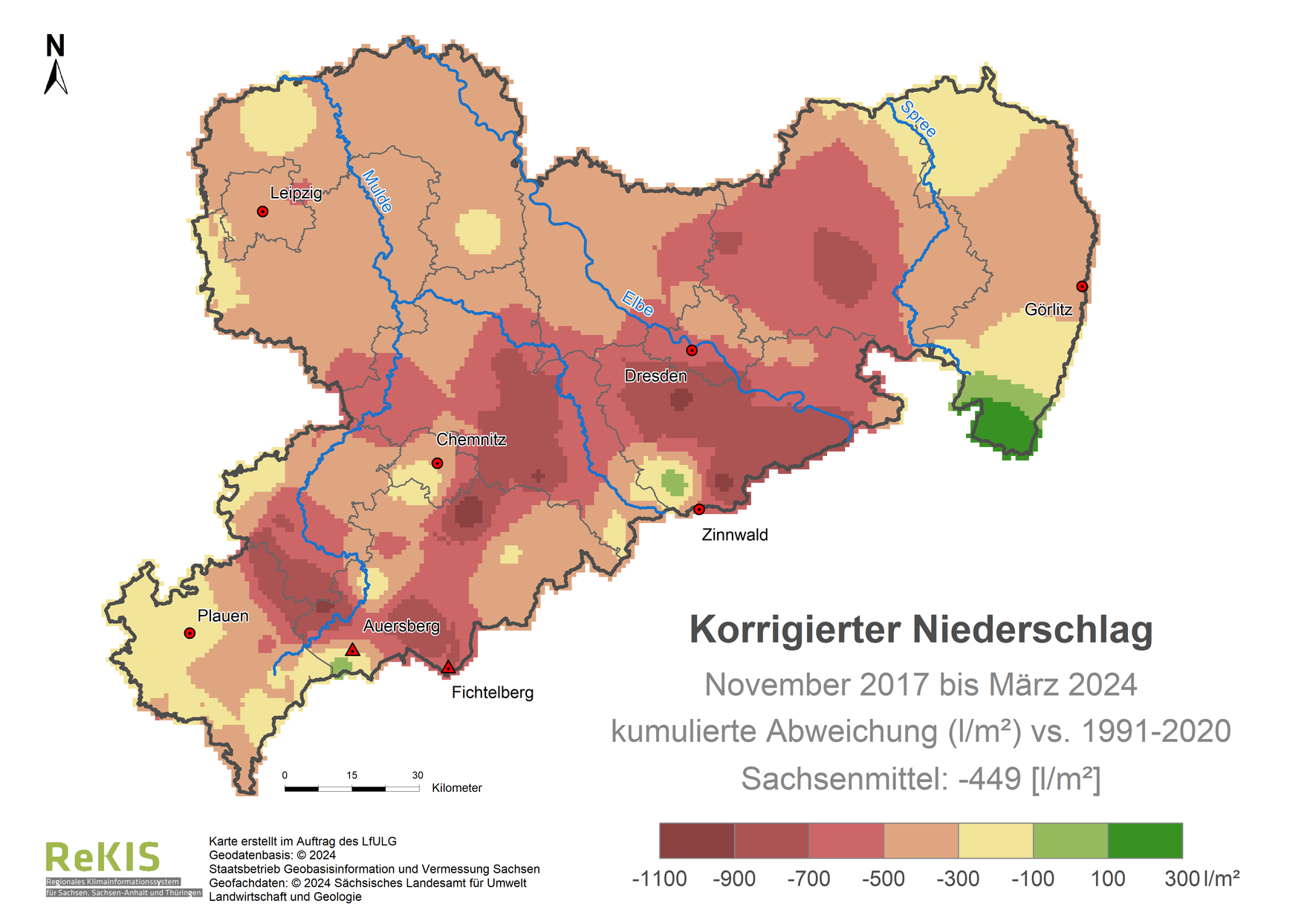 Karte Sachsen mit Darstellung des Niederschlagsdefizits im Vergleich zum Referenzzeitraum 1991 bis 2020