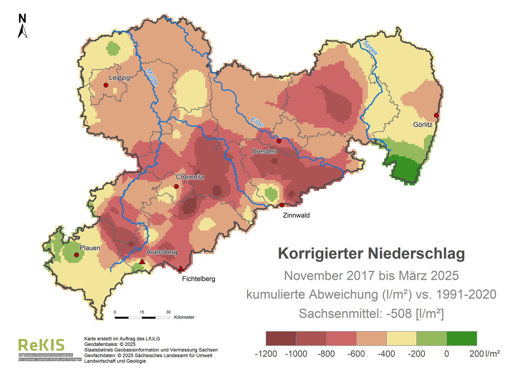 Karte Sachsen mit Darstellung des Niederschlagsdefizits im Vergleich zum Referenzzeitraum 1991 bis 2020