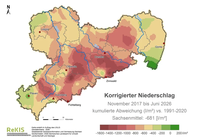 farbige Sachsenkarte zum aktueller korrigierter Niederschlag vs 1991-2020