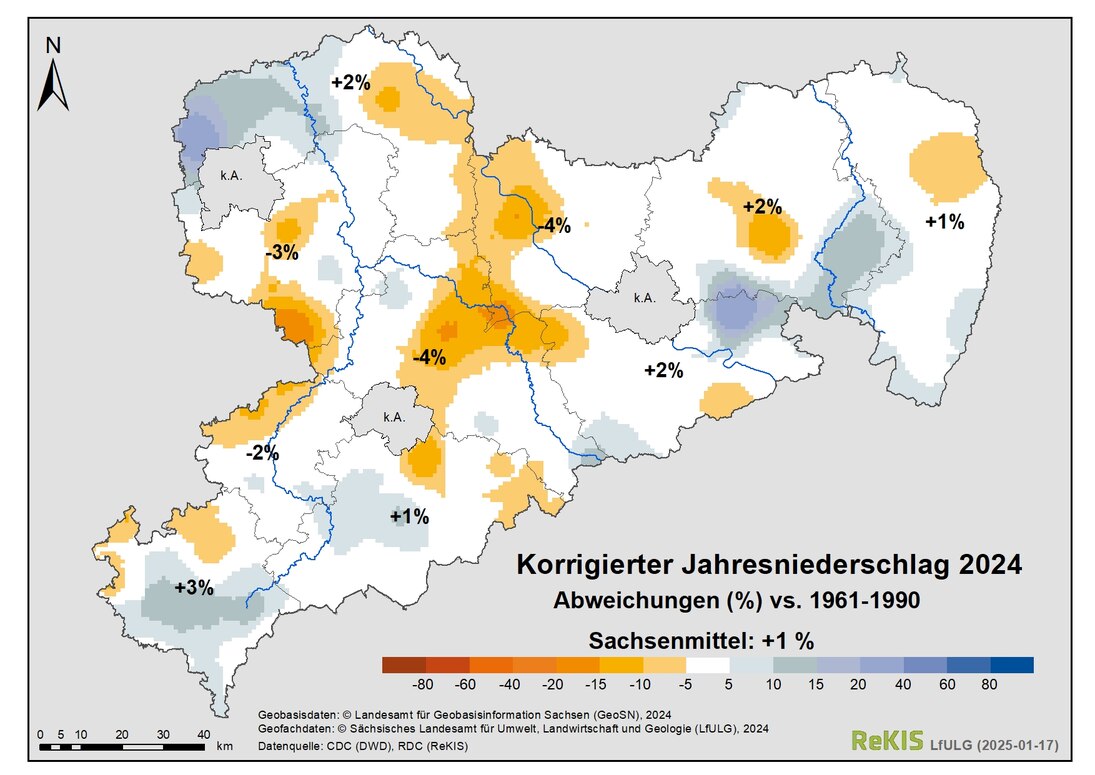 Sachsenkarte zeigt mit unterschiedlichen Farbabstufungen die Abweichungen des korregiertes Jahresniederschlags 2024 vs.1961 bis 1990