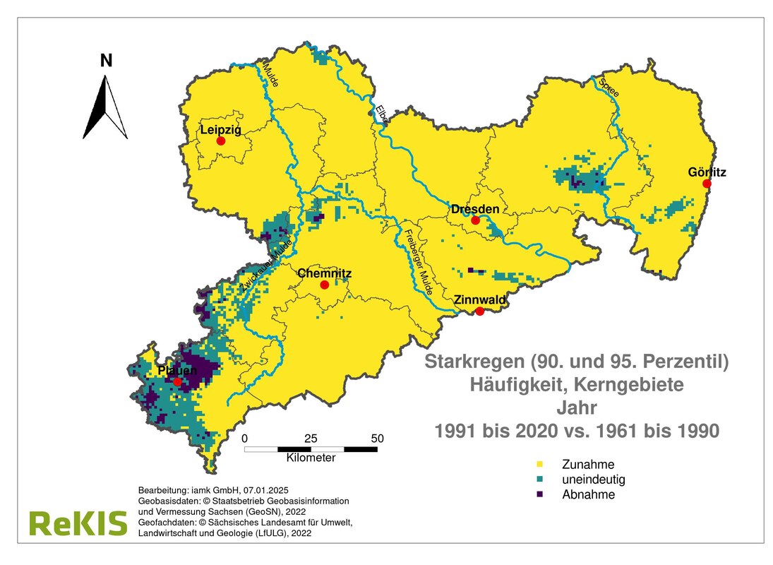 Sachsenkarte mit dem regionalisierten Auftreten von Starkregenereignissen, die als zunehmend, abnehmend oder uneindeutig klassifiziert sind.