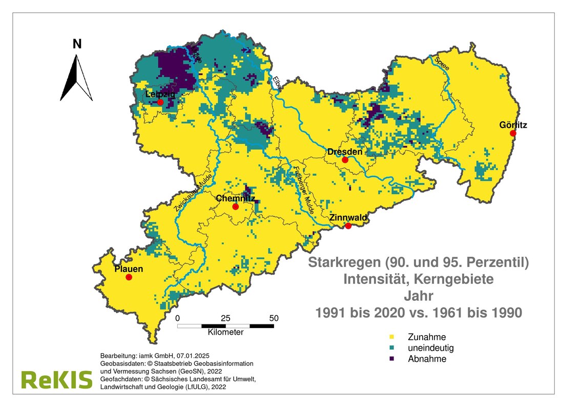 Sachsenkarte mit der regionalisierten Intensität von Starkregenereignissen, die als zunehmend, abnehmend oder uneindeutig klassifiziert sind.