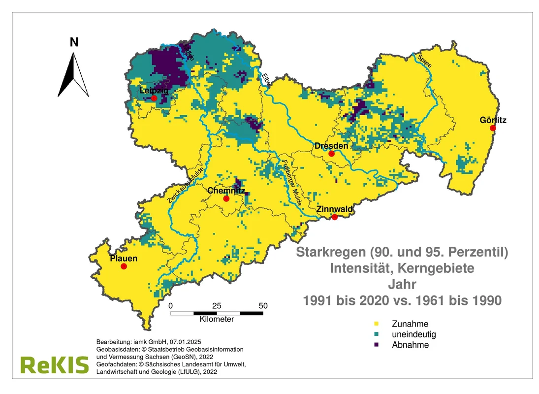Sachsenkarte mit der regionalisierten Intensität von Starkregenereignissen, die als zunehmend, abnehmend oder uneindeutig klassifiziert sind.