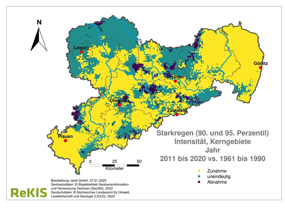 Sachsenkarte mit der regionalisierten Intensität von Starkregenereignissen, die als zunehmend, abnehmend oder uneindeutig klassifiziert sind.