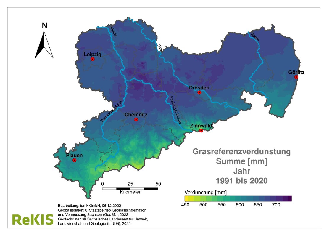 Bild 2: Sachsenkarte GR-Verteilung 1990 bis 2020. GR-Verteilung folgt Landestopografie dadurch Farbgradient. Sachsen insgesamt dunkler Schattiert als in Bild 1. Mehr Kontrast von Flachland mit hoher GR zu Gebirge mit niedriger GR.