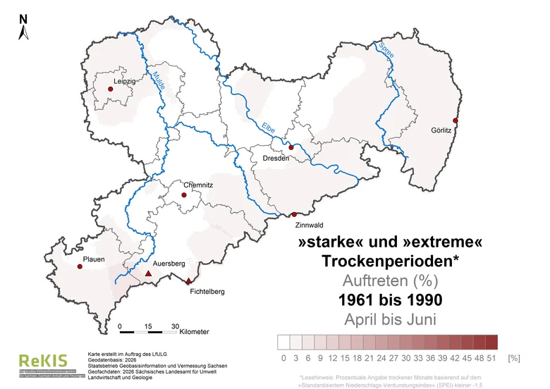 Die Karten zeigen mittels eines Index ein Trockenheitsmerkmal in Sachsen für die Zeiträume 1961-1990, 1991-2020 und 2016-2025. Die atmosphärischen Bedingungen, die eine Ausbildung von Trockenheit begünstigen, sind 3 bis 5 mal häufiger aufgetreten