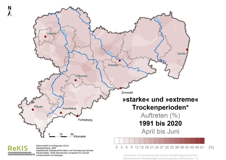 Die Karten zeigen mittels eines Index ein Trockenheitsmerkmal in Sachsen für die Zeiträume 1961-1990, 1991-2020 und 2016-2025. Die atmosphärischen Bedingungen, die eine Ausbildung von Trockenheit begünstigen, sind 3 bis 5 mal häufiger aufgetreten