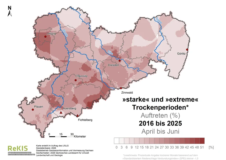 Die Karten zeigen mittels eines Index ein Trockenheitsmerkmal in Sachsen für die Zeiträume 1961-1990, 1991-2020 und 2016-2025. Die atmosphärischen Bedingungen, die eine Ausbildung von Trockenheit begünstigen, sind 3 bis 5 mal häufiger aufgetreten