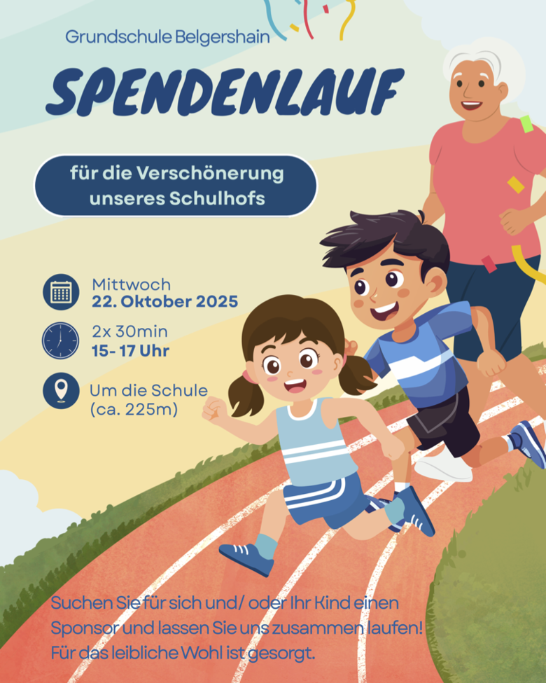Informationen zum Spendenlauf. Im Hintergrund comichafte Darstellung von Personen die rennen