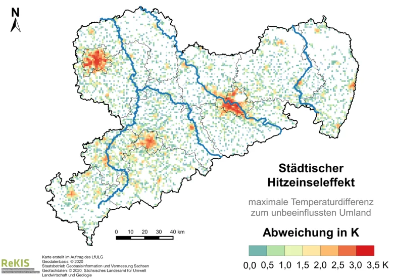 Sachsenkarte mit farbig hervorgehobenen Ortschaften, je rötlicher zeigt stärkeren Hitzeinseleffekt