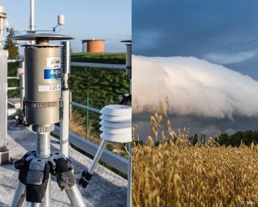 zwei Fotos: links eine Luftmessanlage in Nahaufnahme, rechts eine Starkregen-Gewitterwolke "rollt" über ein Getreidefeld