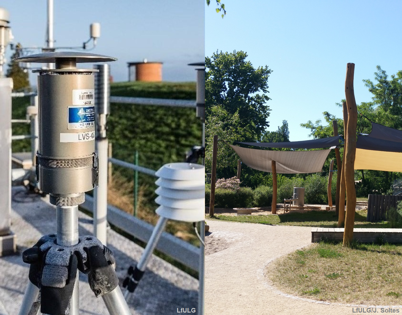 zwei Fotos: links eine Luftmessanlage in Nahaufnahme, rechts ein Sonnensegel über einem KITA-Gelände bei Sonne und blauem Himmel