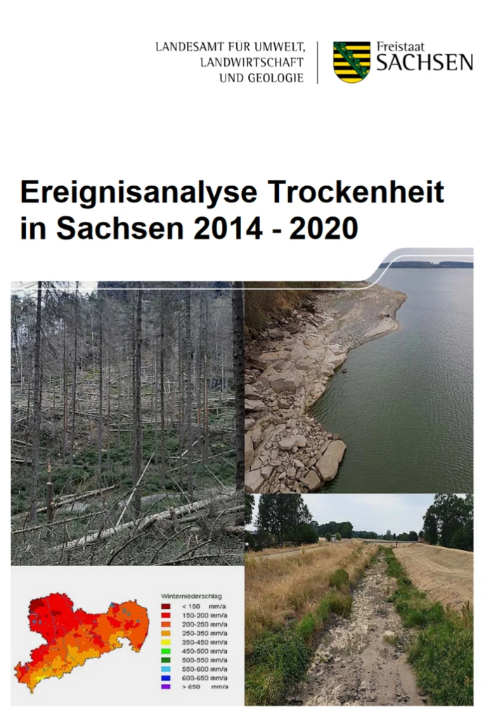Titelbild der Publikation. Überschrift und Collage aus einem Foto mit Wald mit vielen umgekippten Bäumen, einem Foto mit einem überschwemmten Feldrand (Erosion), einem Foto vom Rande eines Sees mit niedrigem Wasserstand und einer Karte von Sachsen auf de