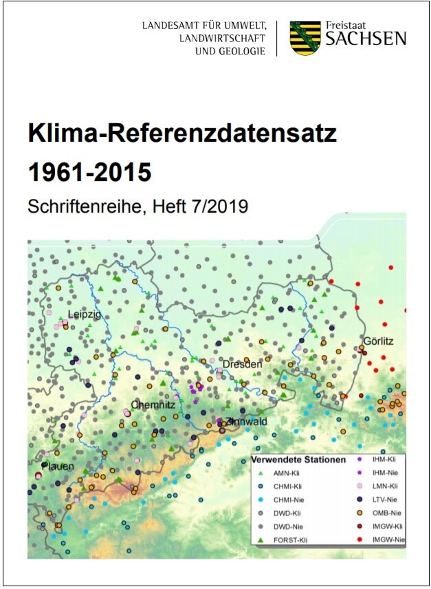 Karte Sachsen und Umgebung mit den meteorologischen Messpunkten verschiedener Messnetze