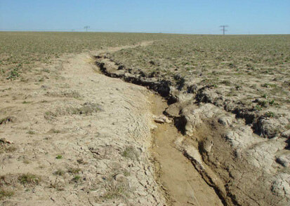 Das Bild zeigt eine Erosionsrinne auf einem Feld.