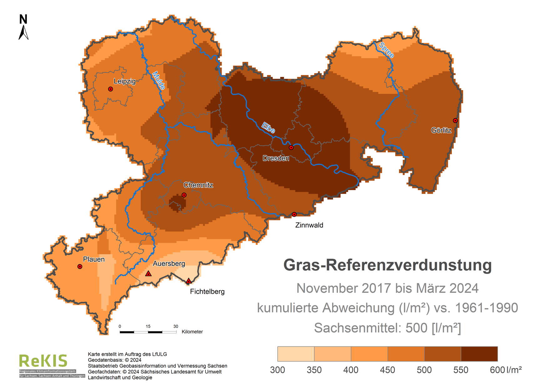 Karte Sachsen mit Darstellung der Gras-Referenzverdunstung im Vergleich zum Referenzzeitraum 1961 bis 1990