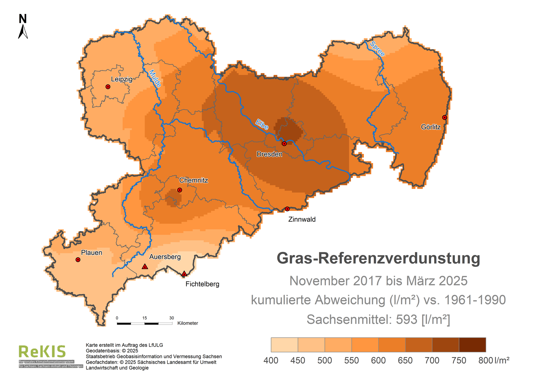 Karte Sachsen mit Darstellung der Gras-Referenzverdunstung im Vergleich zum Referenzzeitraum 1961 bis 1990